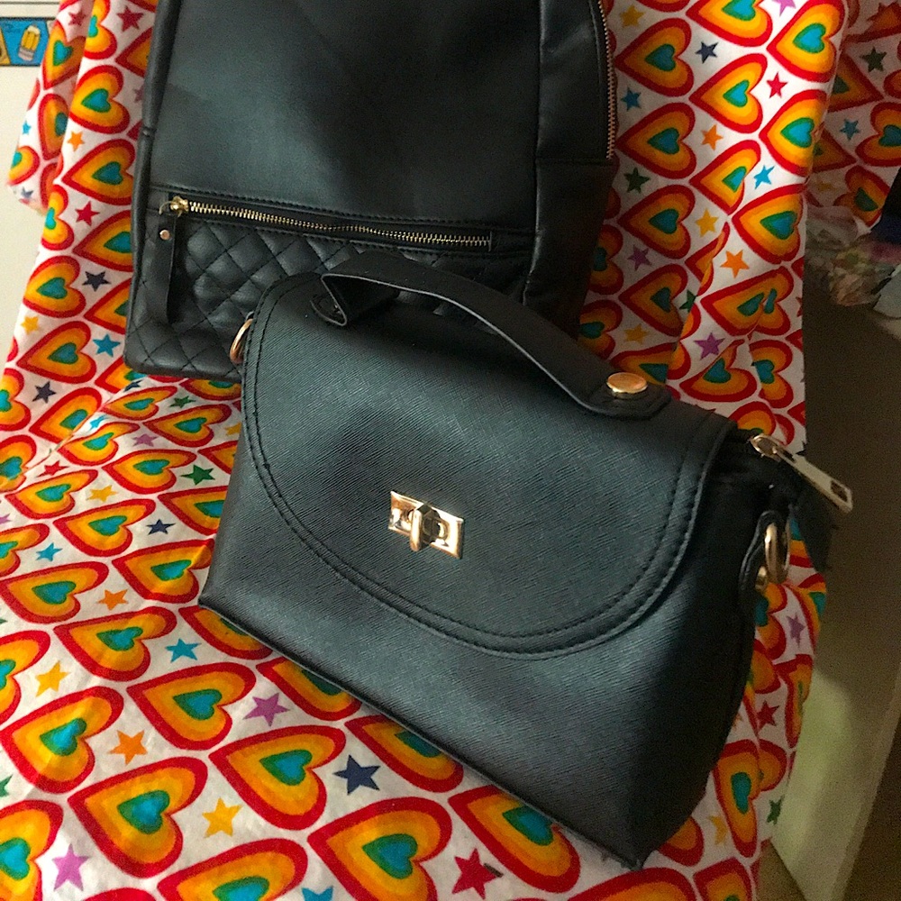 Mini back pack and a small shoulder bag, black.